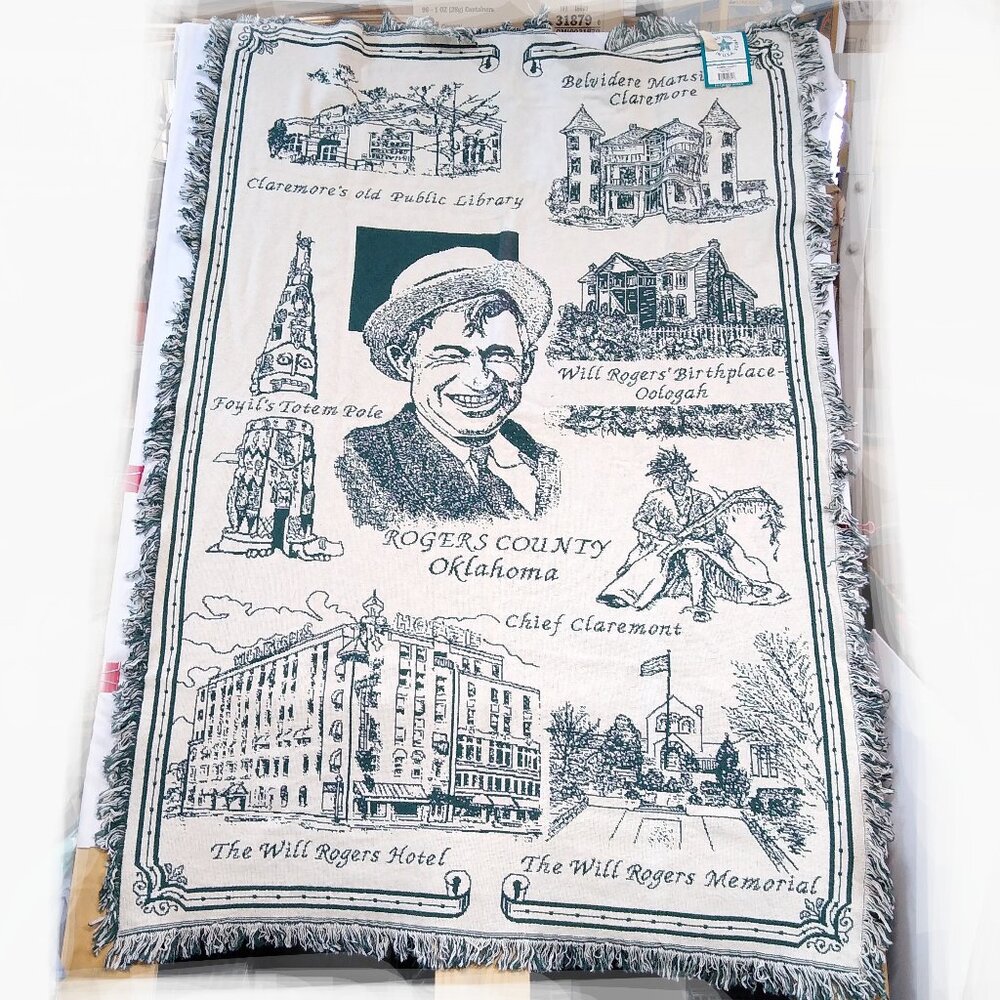 Will Rogers Theatre Jacquard Woven Tapestry Oklahoma Blanket 46x67 Double-Sided